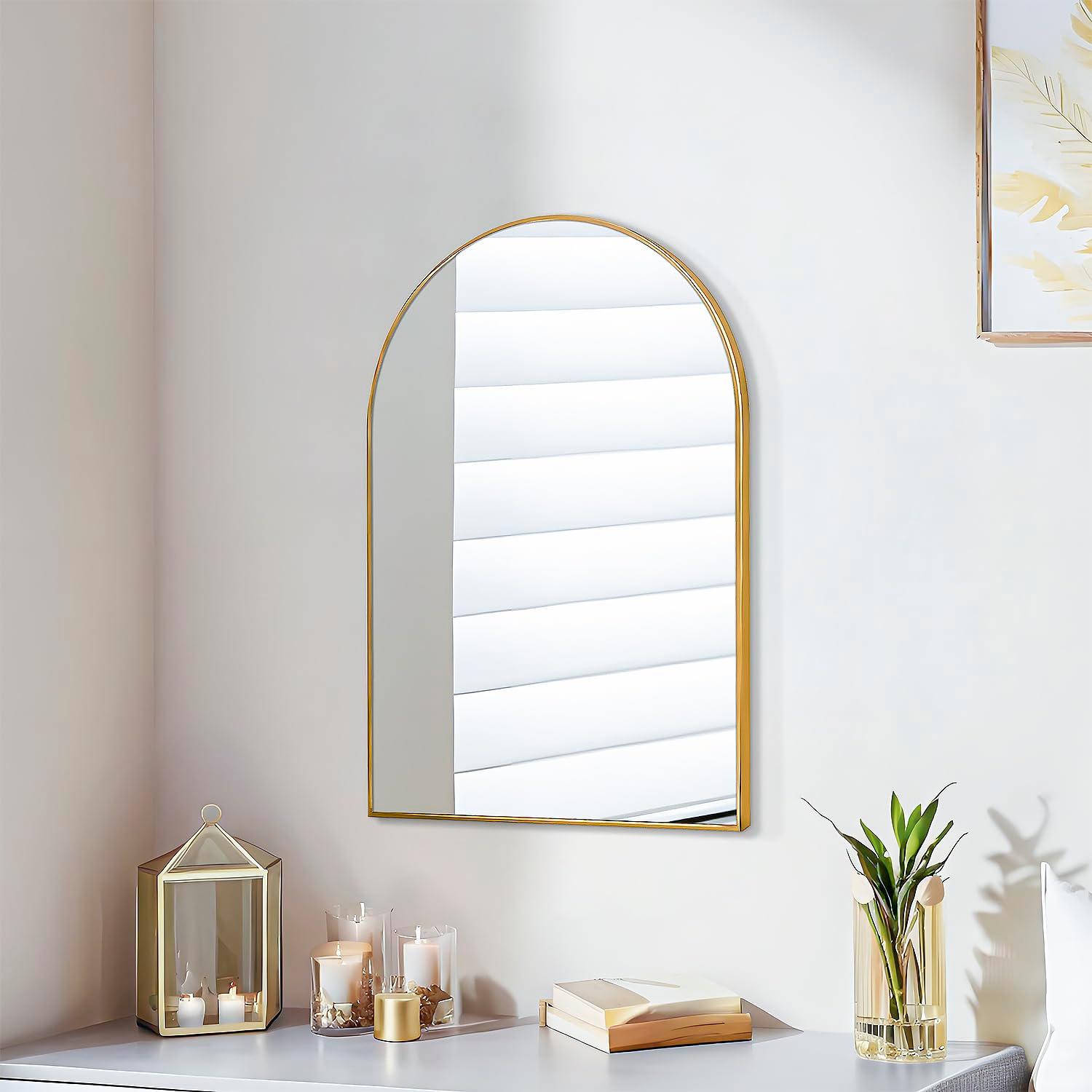 Luxhomez 36" x 24" Arch Wall Mirror for Vanity/ Bathroom, Metal Bathroom Mirror with Waterproof Aluminum Alloy Frame, Gold