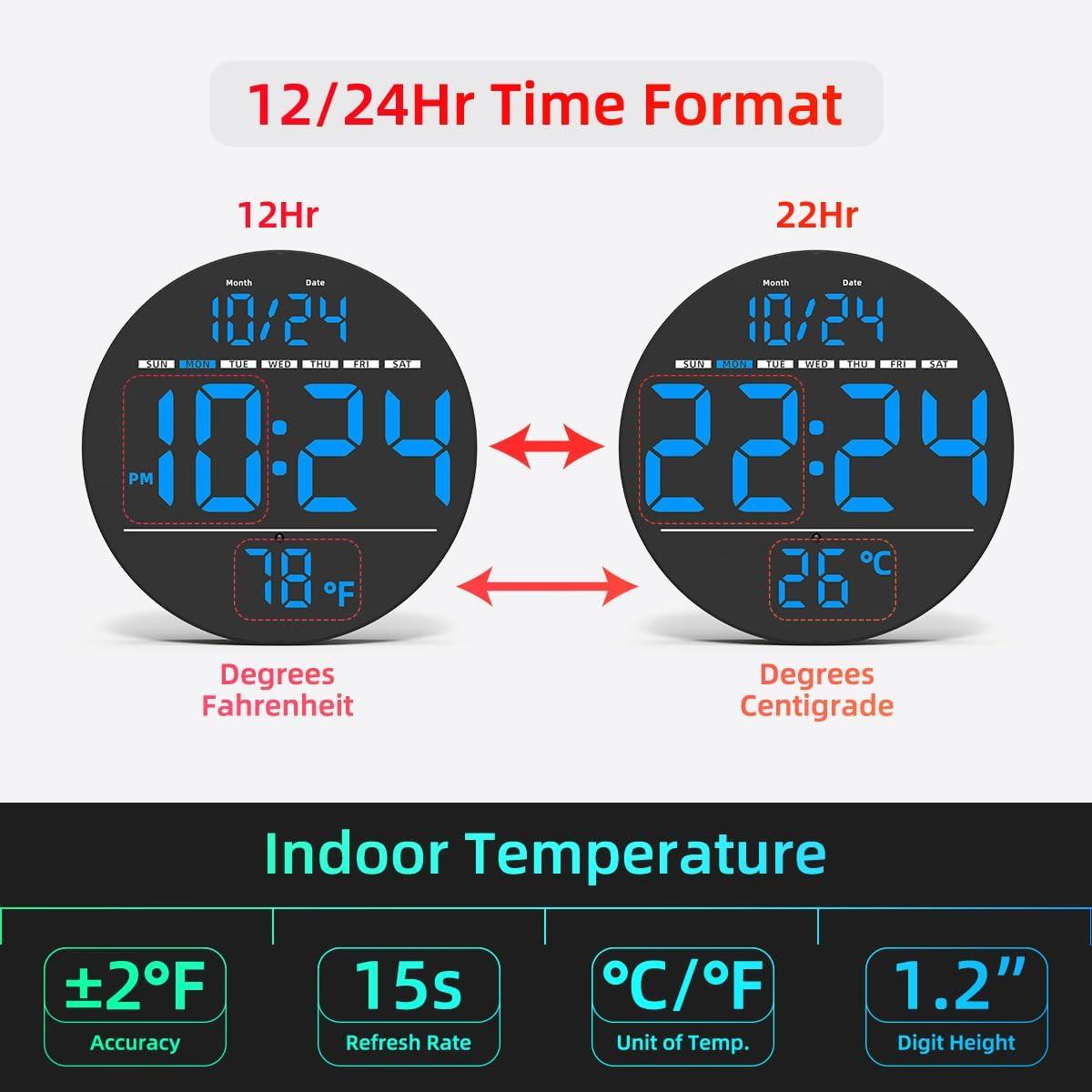 8-Inch Black LED Digital Wall Clock with Temperature Display