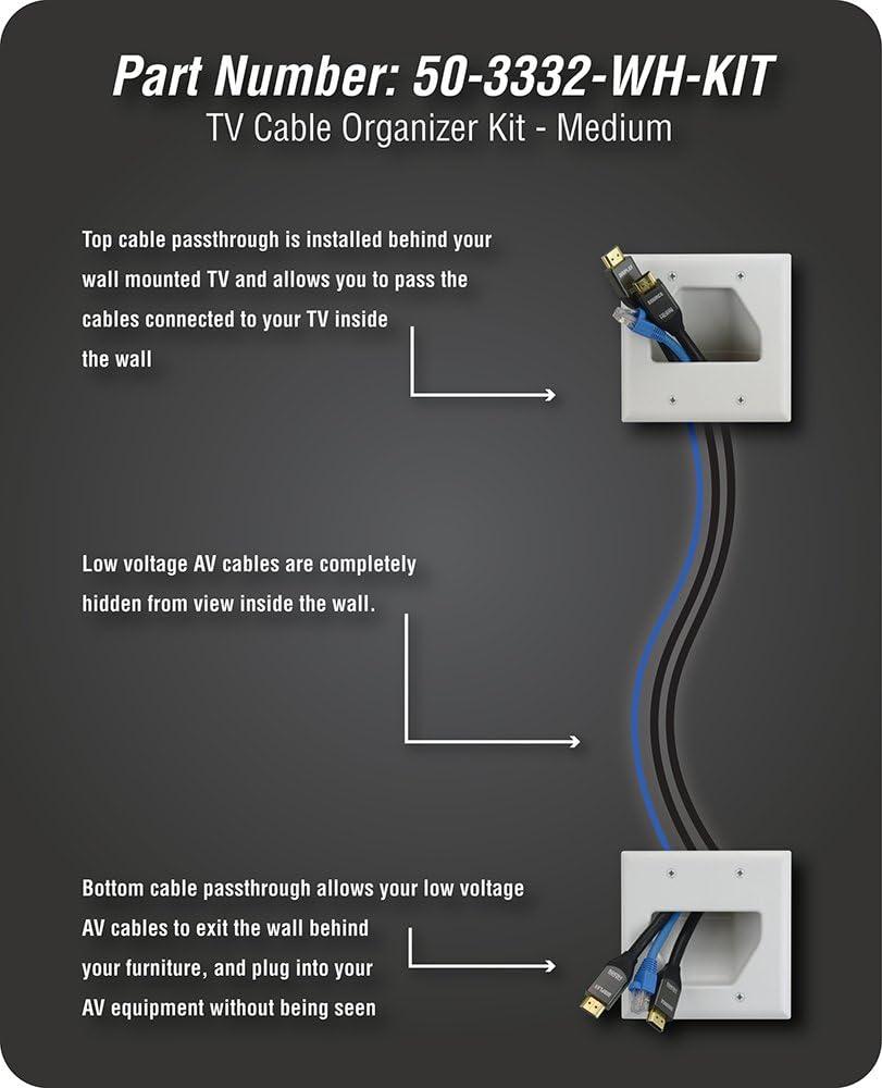 DATA COMM Electronics 50-3332-WH-KIT Flat Panel Cable Organizer Kit, Wall Plate Cable Pass Through, Conceals Low Voltage Wires Behind Mounted TV, Home Theater, Cord Hider Management, White