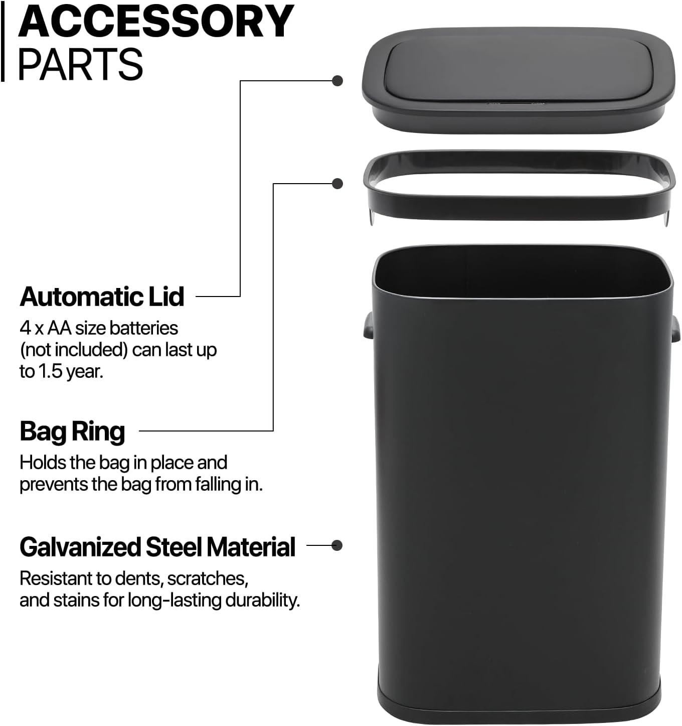 Black 14.5-Gallon Touchless Stainless Steel Automatic Trash Can