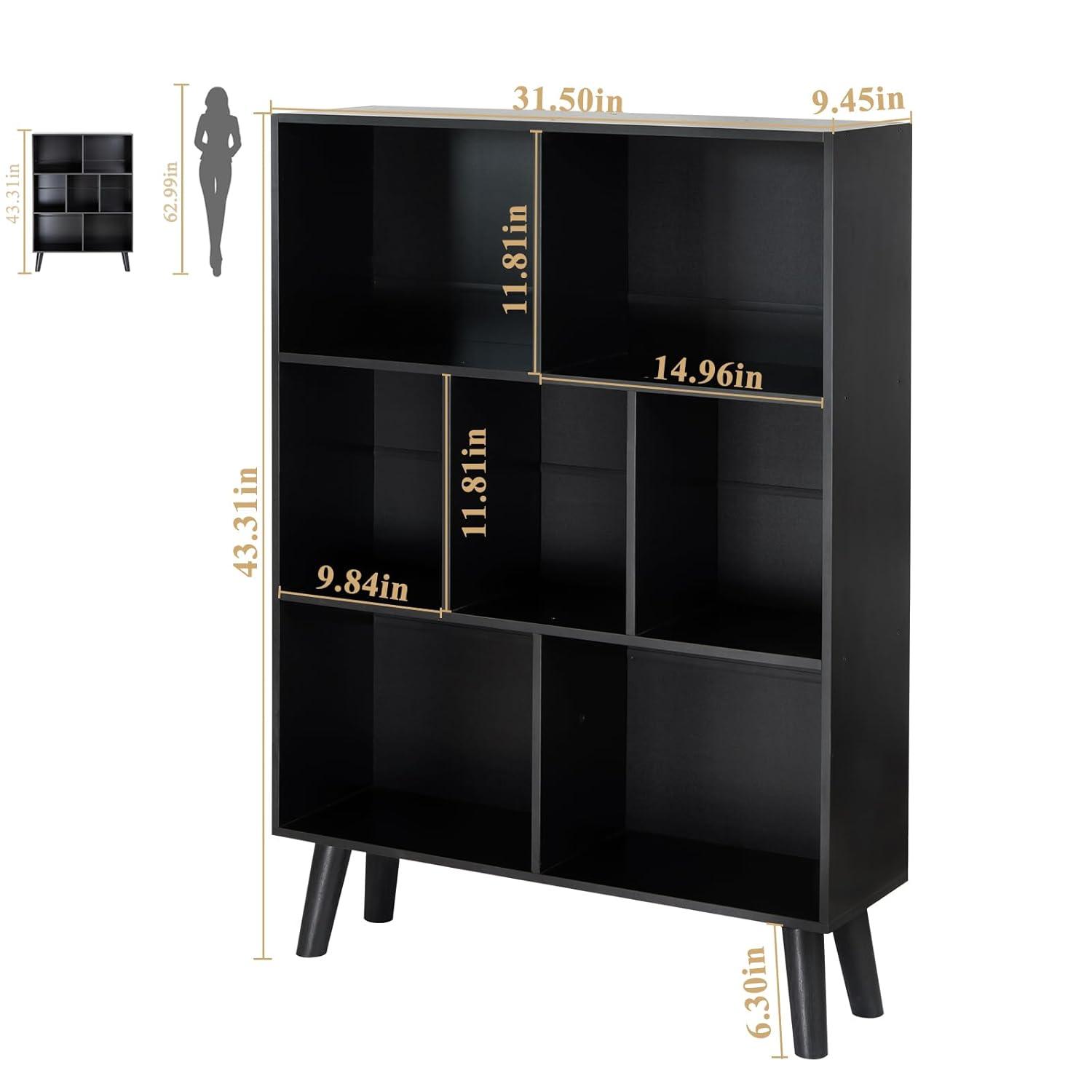 YAHARBO Black Bookshelf,3 Tier Modern Bookcase with Legs,Bookshelves Wood Storage Shelf, Open Book Shelves Cube Organizer,Freestanding Short Bookcases