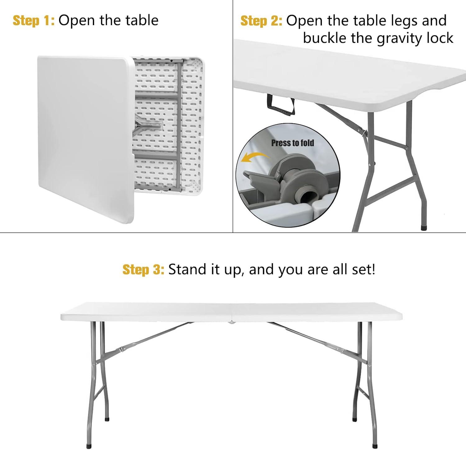 Folding Table 6ft Portable Heavy Duty Plastic Fold-in-Half Utility Foldable Table Plastic Dining Table Indoor Outdoor for Camping, Picnic and Party, White