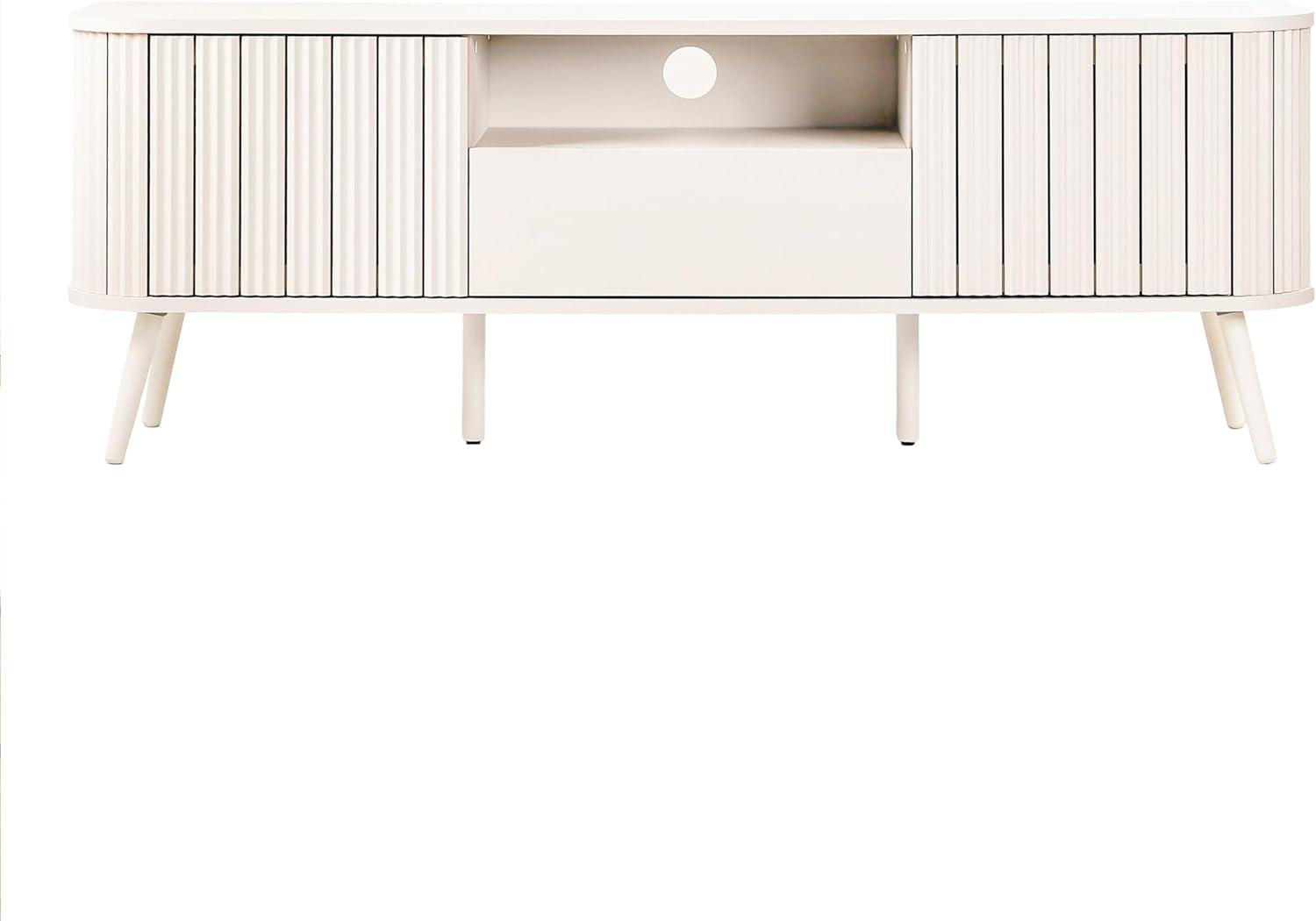 JONATHAN Y Damien 70 in. Farmhouse Curved TV Stand with Drawer and Storage Doors Fits TVs up to 75 in. with Cable Management, Off-White