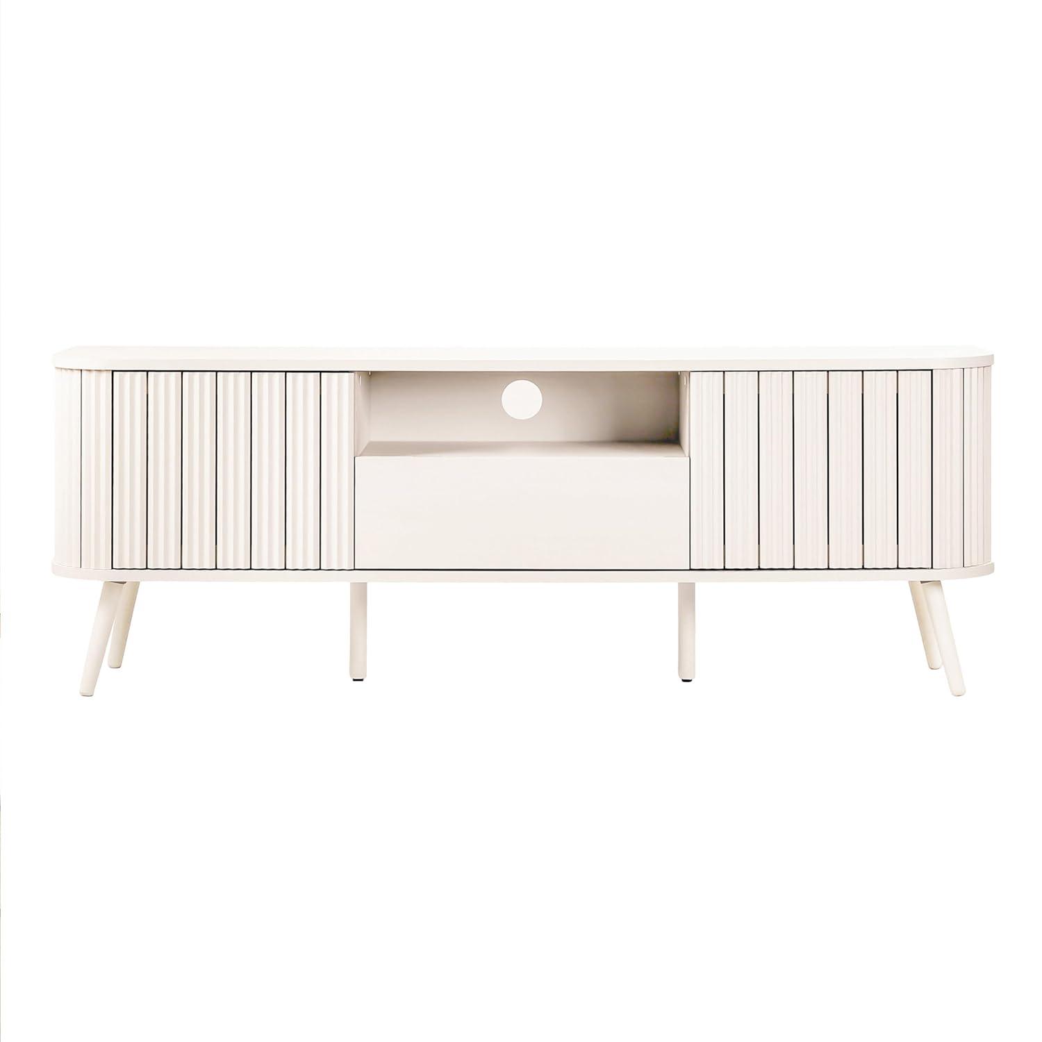 JONATHAN Y Damien 70 in. Farmhouse Curved TV Stand with Drawer and Storage Doors Fits TVs up to 75 in. with Cable Management, Off-White