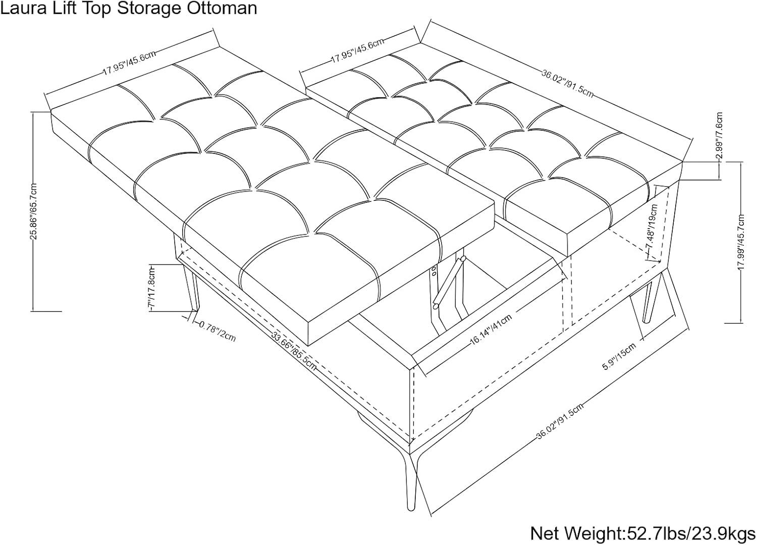 Simpli Home Laura 36"W Upholstered Square Storage Ottoman with Split Lift Top and 2 Storage Compartments