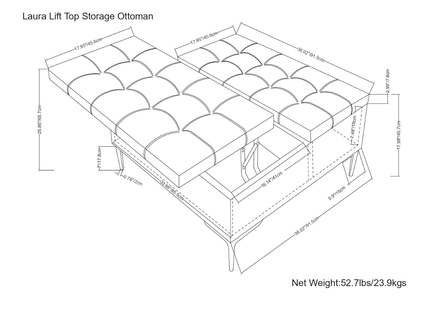 Simpli Home Laura 36"W Upholstered Square Storage Ottoman with Split Lift Top and 2 Storage Compartments