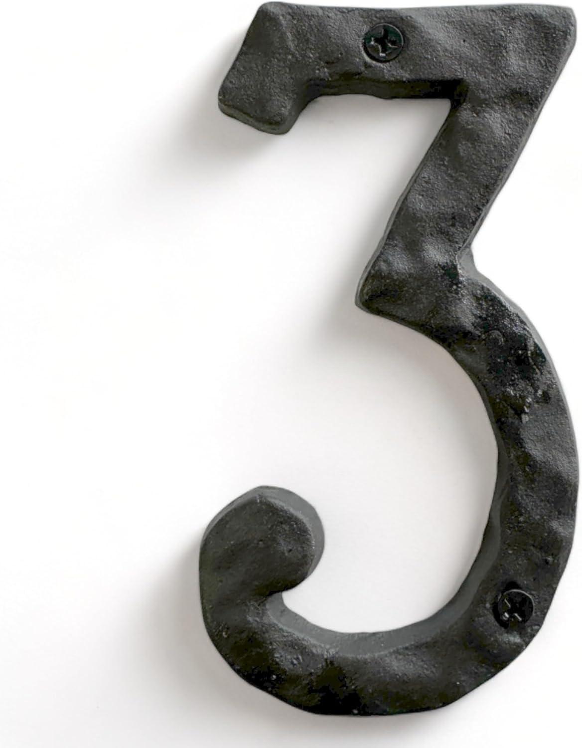 NACH Matte Black Hammer Tone Cast Iron House Number for Outside or Inside, Metal Modern House Numbers For Mailbox, Front Door, Maximum Rust Protection, 6 inch, Number 3, KE-HM6-BLK-3