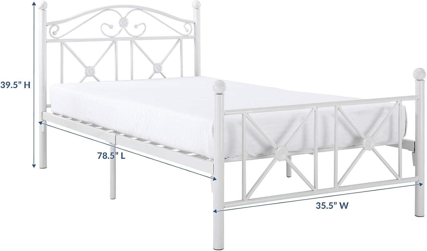 Serene White Metal Twin Bed with Latticework Headboard and Storage Drawer