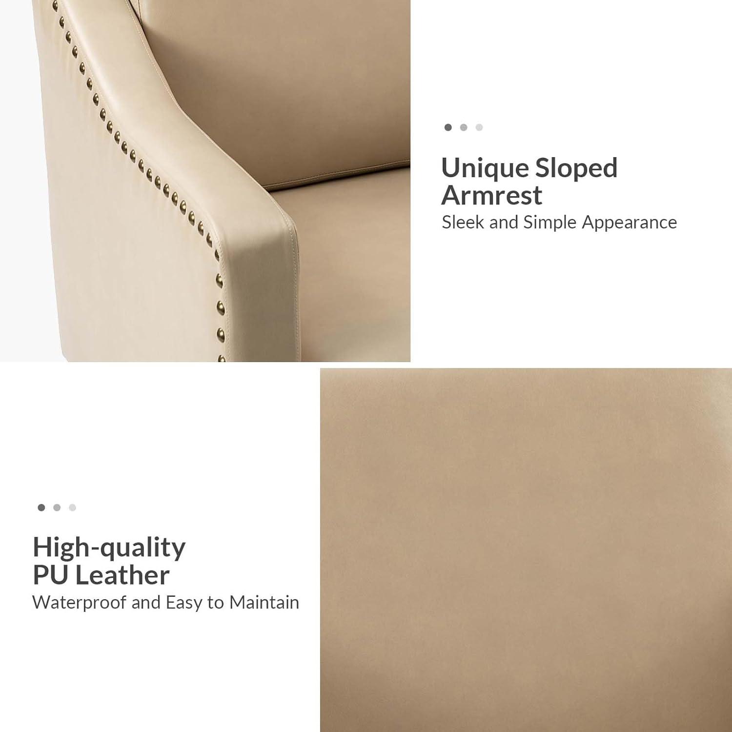 HULALA HOME Faux Leather Accent Armchairs Set of 2 with Back & Seat Cushions, Traditional Club Chairs with Nailhead Trim, Comfy Upholstered Sofa Chairs for Living Room Bedroom, Beige