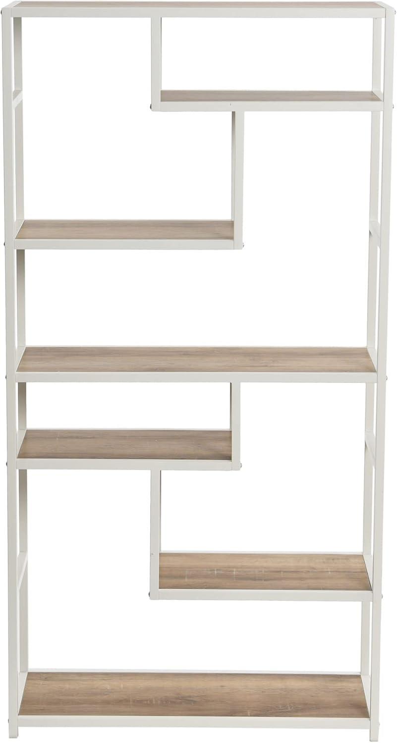 Household Essentials Jamestown Tall 6 Shelf Open Storage Bookshelf Coastal Oak Rustic Wood Grain and White Metal