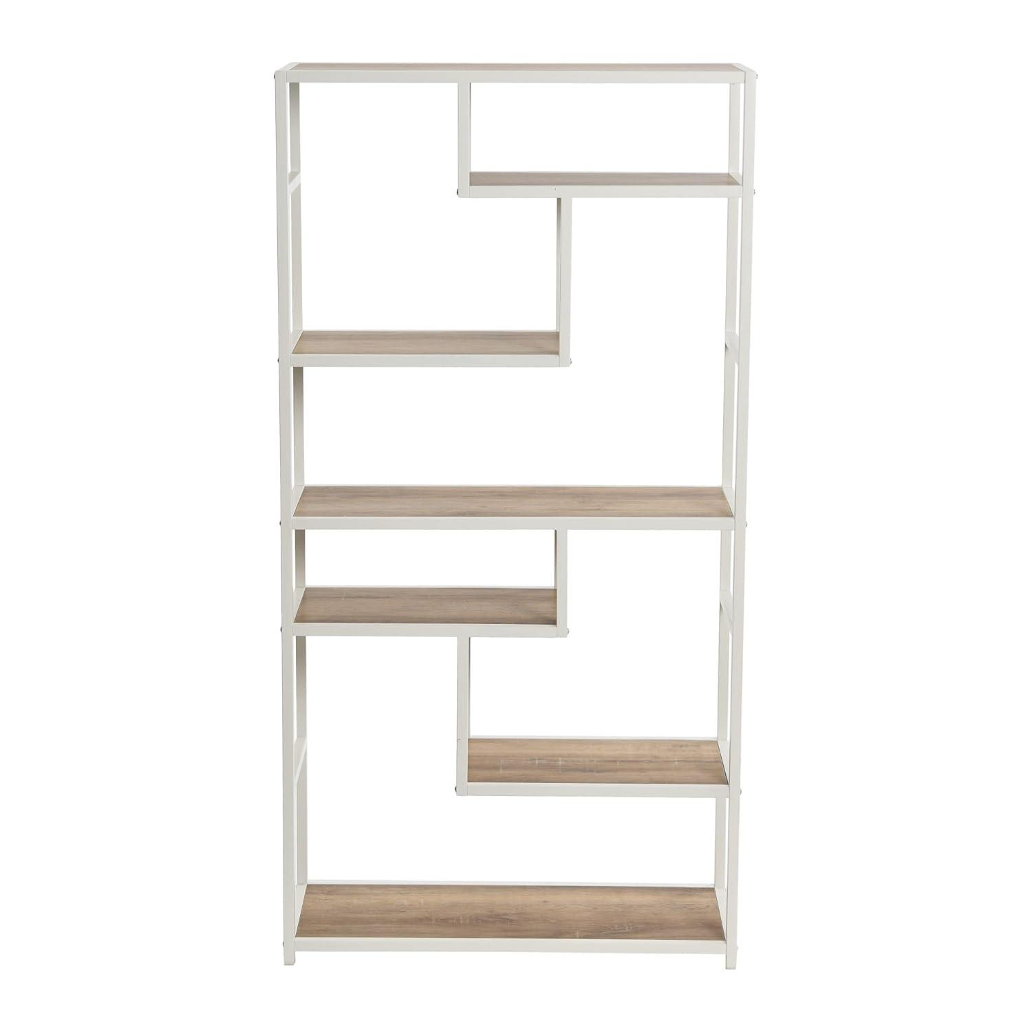 Household Essentials Jamestown Tall 6 Shelf Open Storage Bookshelf Coastal Oak Rustic Wood Grain and White Metal