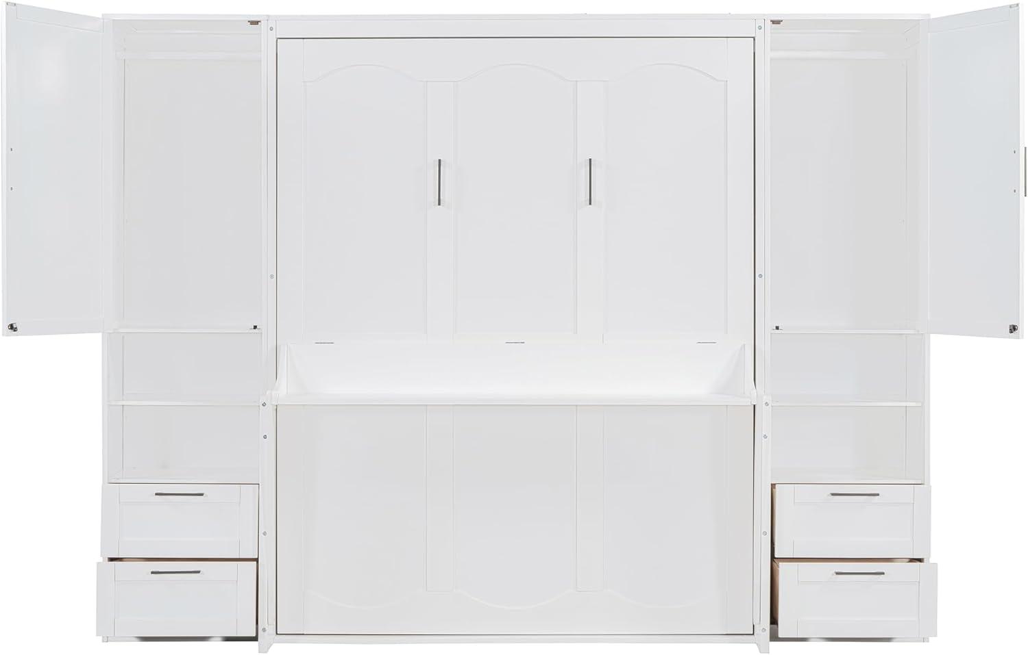 Harper & Bright Designs Queen Size Murphy Bed, Wooden Queen Wall Bed with Closet, Drawers and Shelves, White