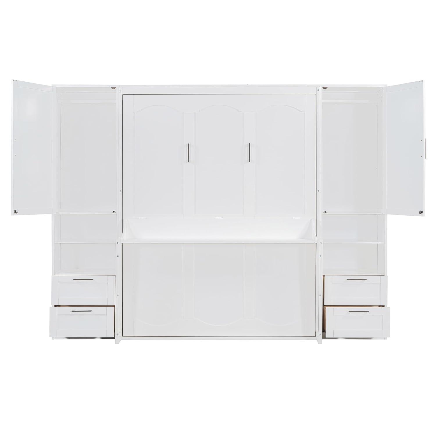 Harper & Bright Designs Queen Size Murphy Bed, Wooden Queen Wall Bed with Closet, Drawers and Shelves, White