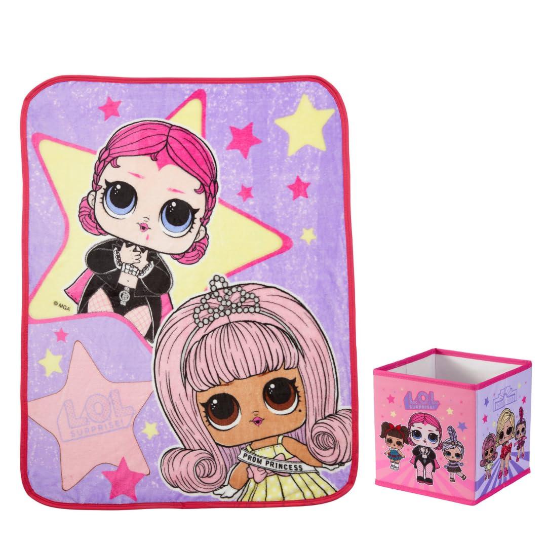 LOL Surprise Kids Plush Throw and Canvas Storage Cube Bin, 2Pc Set, Pink and Purple, MGA