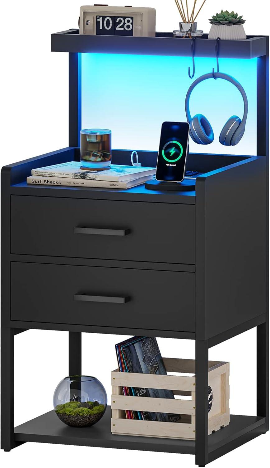 LED Nightstand with 2 Drawers & LED Lights & Charging Station, Modern Bedside Table End Side Tables for Bedroom Living Room, Black