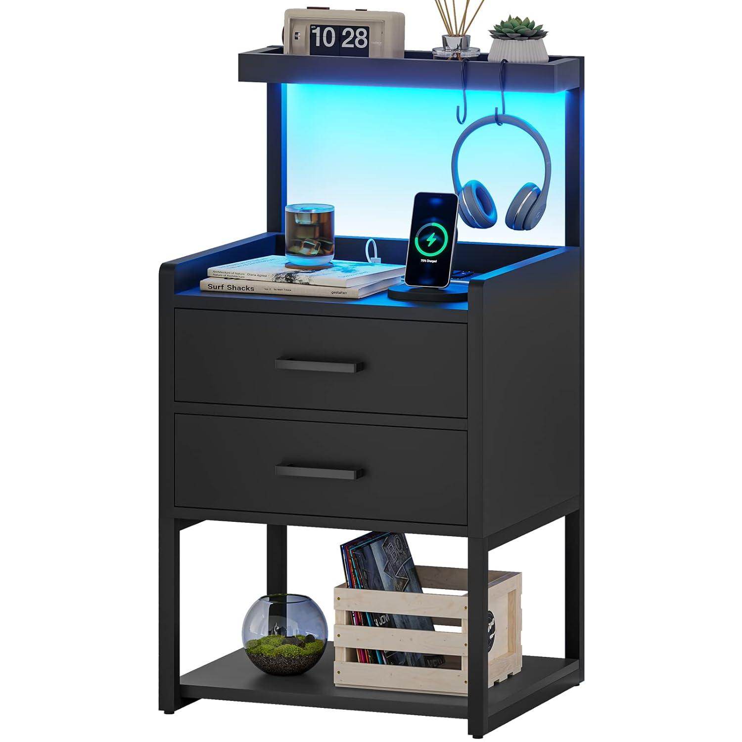 Afuhokles Led Nightstand with Charging Station,2 Drawers Night Stands with Led Lights, Black Bedside Tables with Storage Shelves