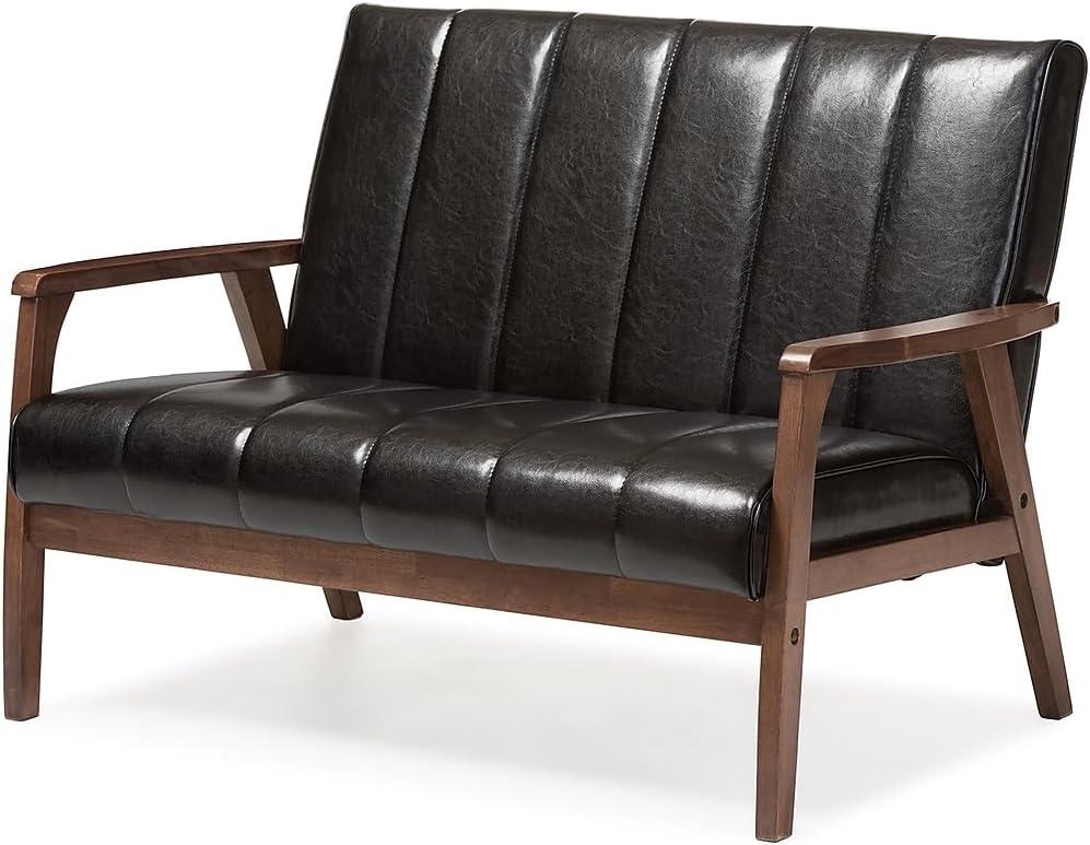 Nikko Mid-Century Modern Scandinavian Style Faux Leather Wooden 2 Seater Loveseat Dark Brown - Baxton Studio: Compact, Rubberwood Frame, Easy to Clean