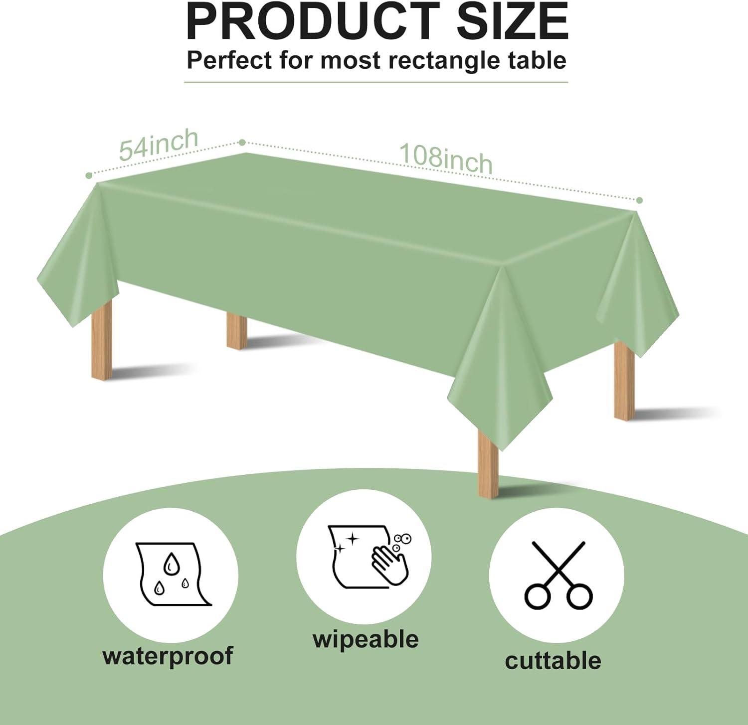 TRHOO-3Pack Sage Green Plastic Tablecloths for Rectangle Tables, Light Green Disposable Tablecloth, Waterproof Sage Green Table Cover for Birthday Bridal Wedding Baby Shower Party Decorations, 54 X 1