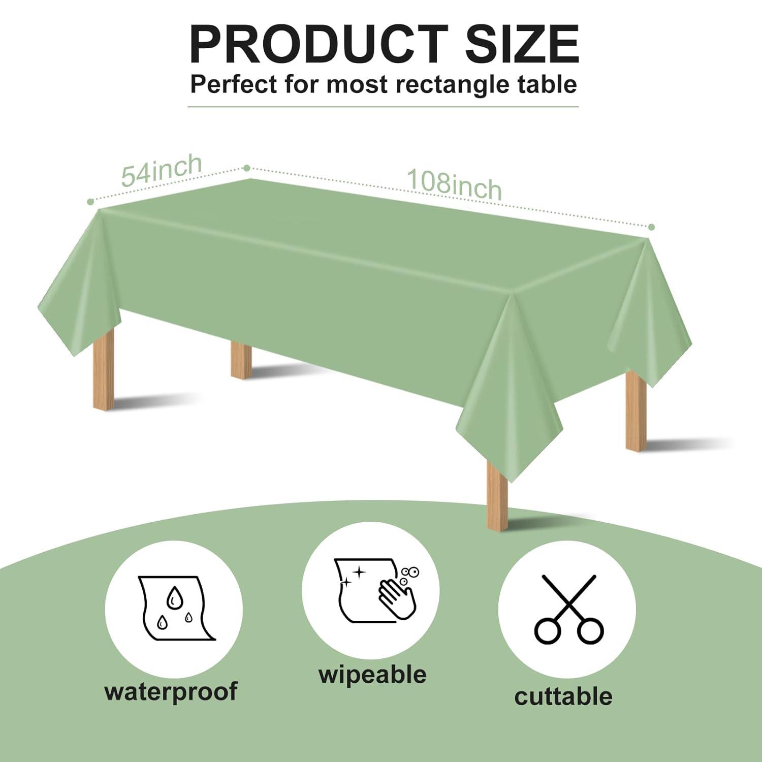 3Pack Sage Green Plastic Tablecloths for Rectangle Tables, Light Green Disposable Tablecloth, Waterproof Sage Green Table Cover for Birthday Bridal Wedding Baby Shower Party Decorations, 54 X 108Inch