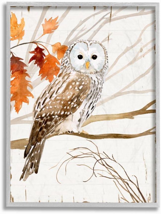 Autumn Forest Owl Watercolor Canvas Wall Art with Gray Frame, 11x14