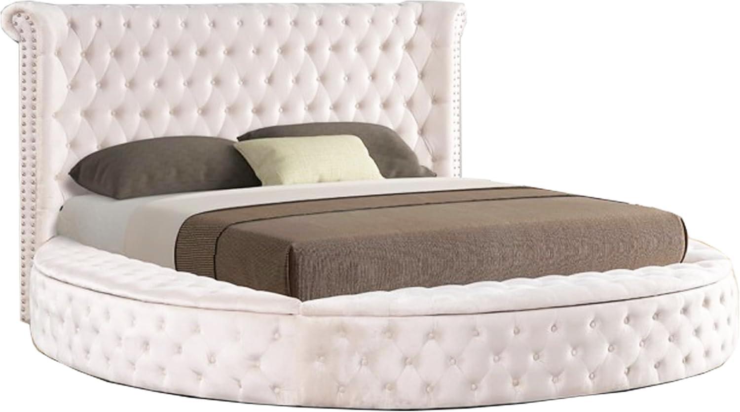 Ivory Velvet Tufted Upholstered King Round Platform Storage Bed