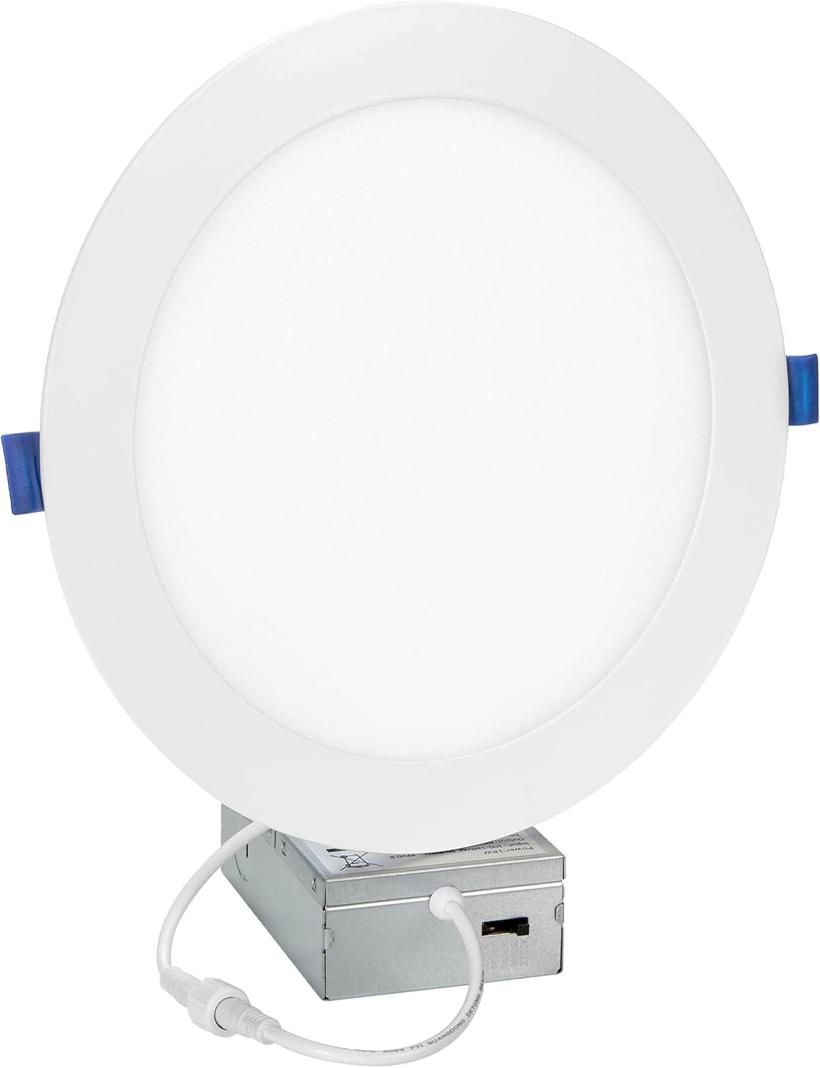 Maxxima 8 in. 5CCT Round Recessed LED Downlight, 1600 Lumens Slim Round Flat Panel Color Selectable 2700K-5000K (2700K/3000K/3500K/4000K/5000K), Dimmable, Canless IC Rated, White Trim, J-Box Included