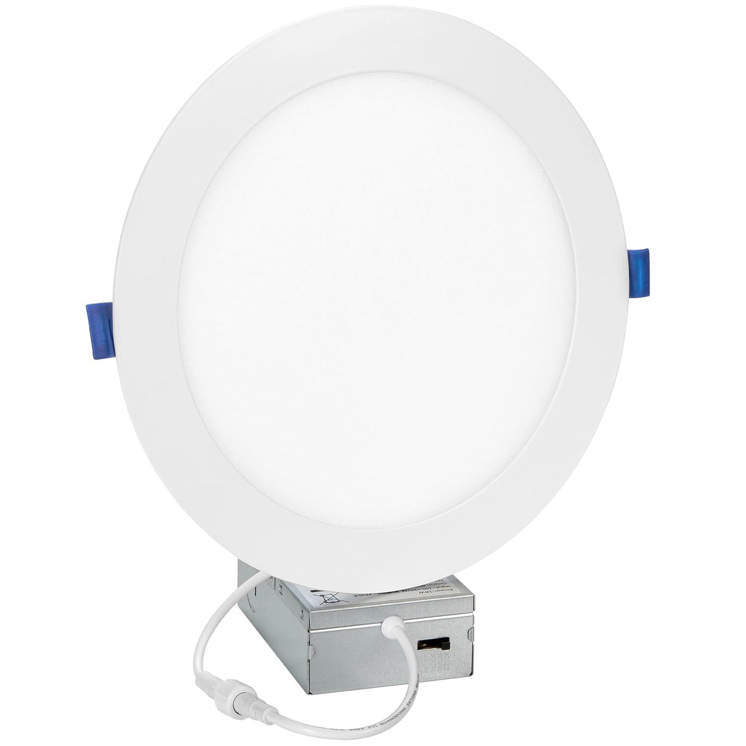 Maxxima 8 in. 5CCT Round Recessed LED Downlight, 1600 Lumens Slim Round Flat Panel Color Selectable 2700K-5000K (2700K/3000K/3500K/4000K/5000K), Dimmable, Canless IC Rated, White Trim, J-Box Included