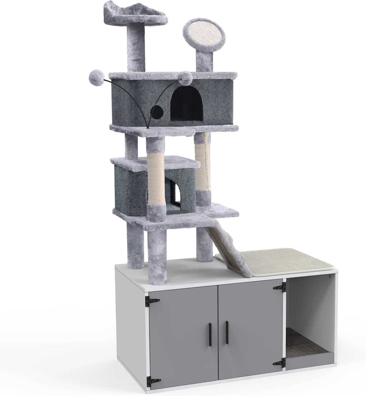 GDLF Cat Litter Box Enclosure Hidden Washroom Tower All-In-One Tree Condo, Grey