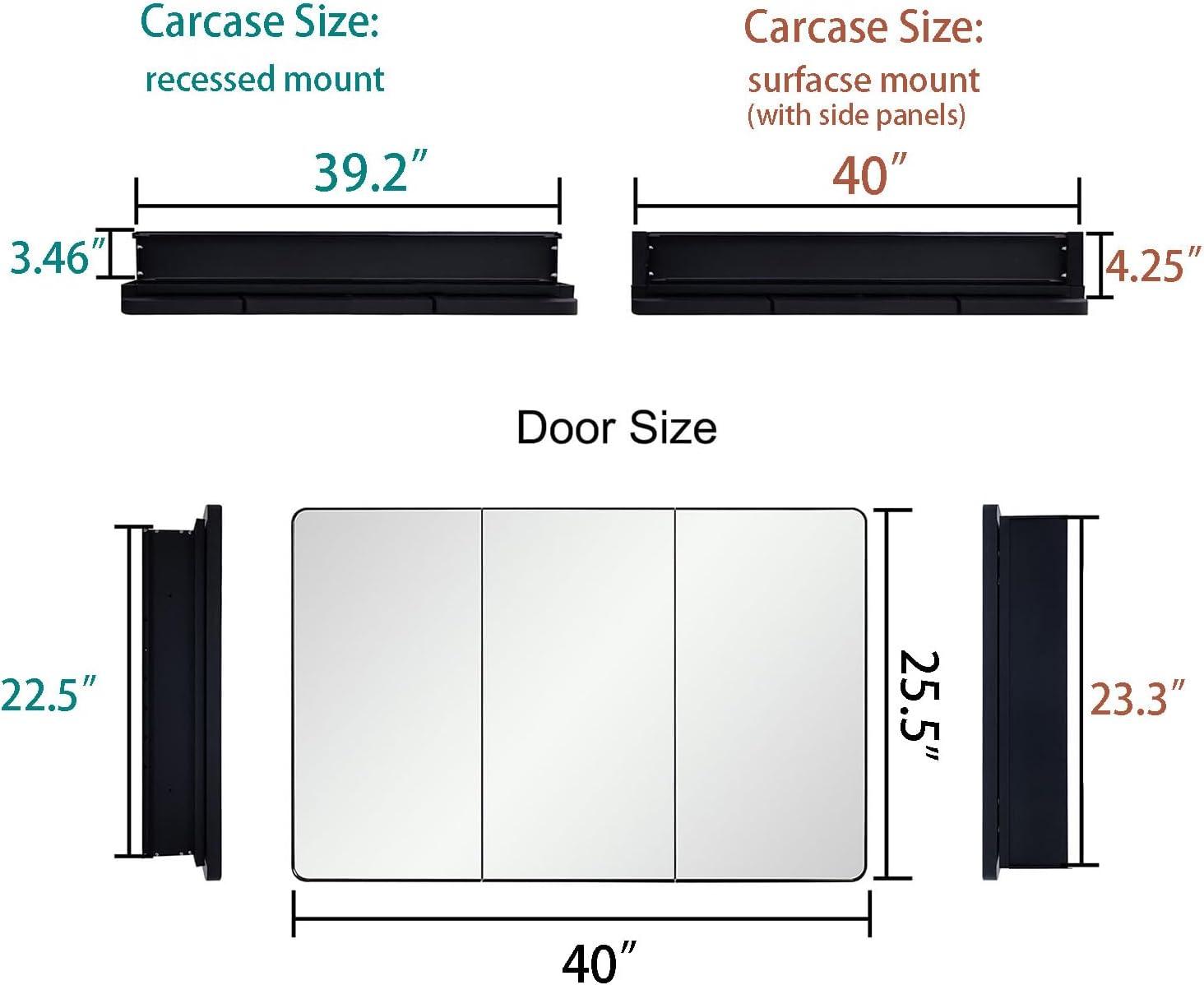 Black Bathroom Medicine Cabinet with Round Corner Framed Door, 40 x 25.5 inch, Recessed or Surface Mount, with Adjustable Glass Shelves