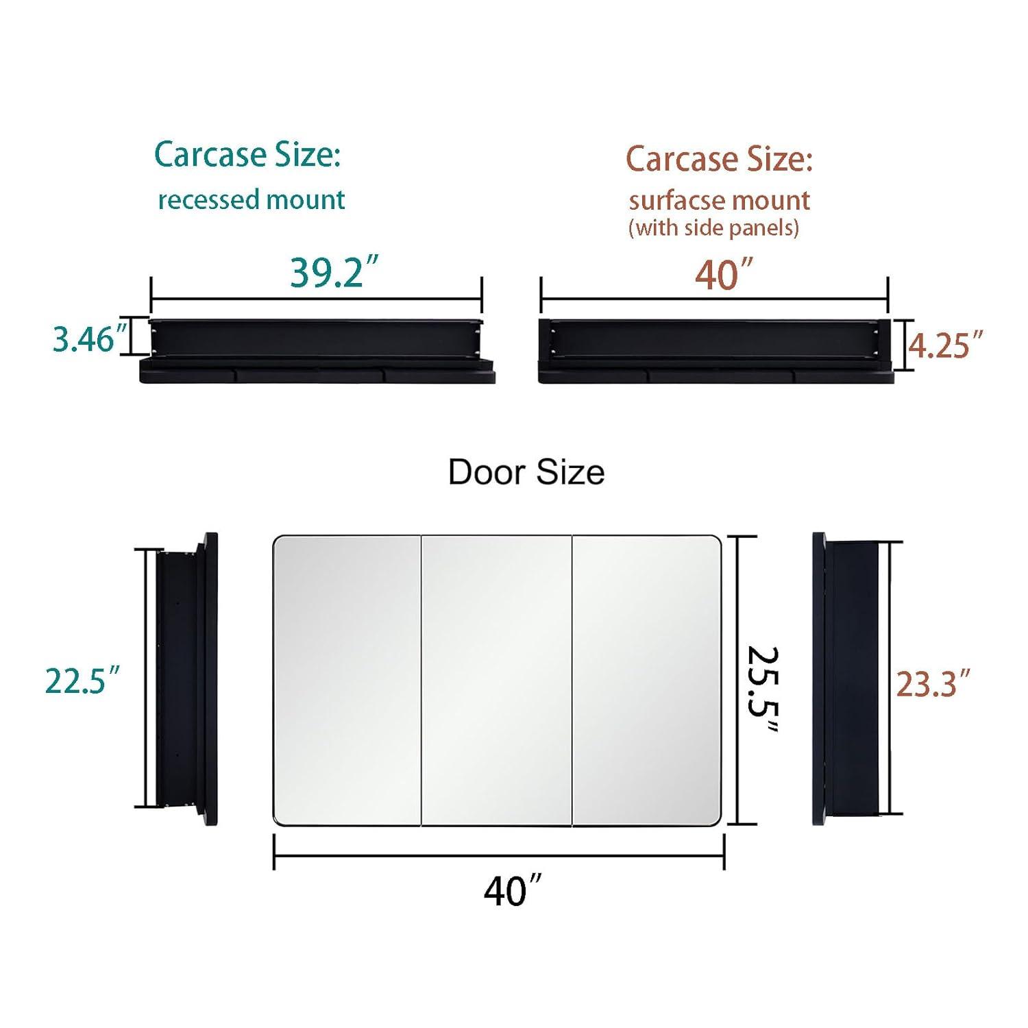 Black Bathroom Medicine Cabinet with Round Corner Framed Door, 40 x 25.5 inch, Recessed or Surface Mount, with Adjustable Glass Shelves