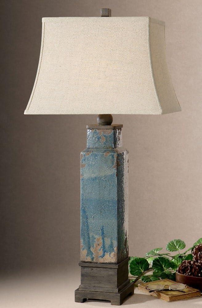 Distressed Blue Ceramic Table Lamp with Rectangle Bell Shade