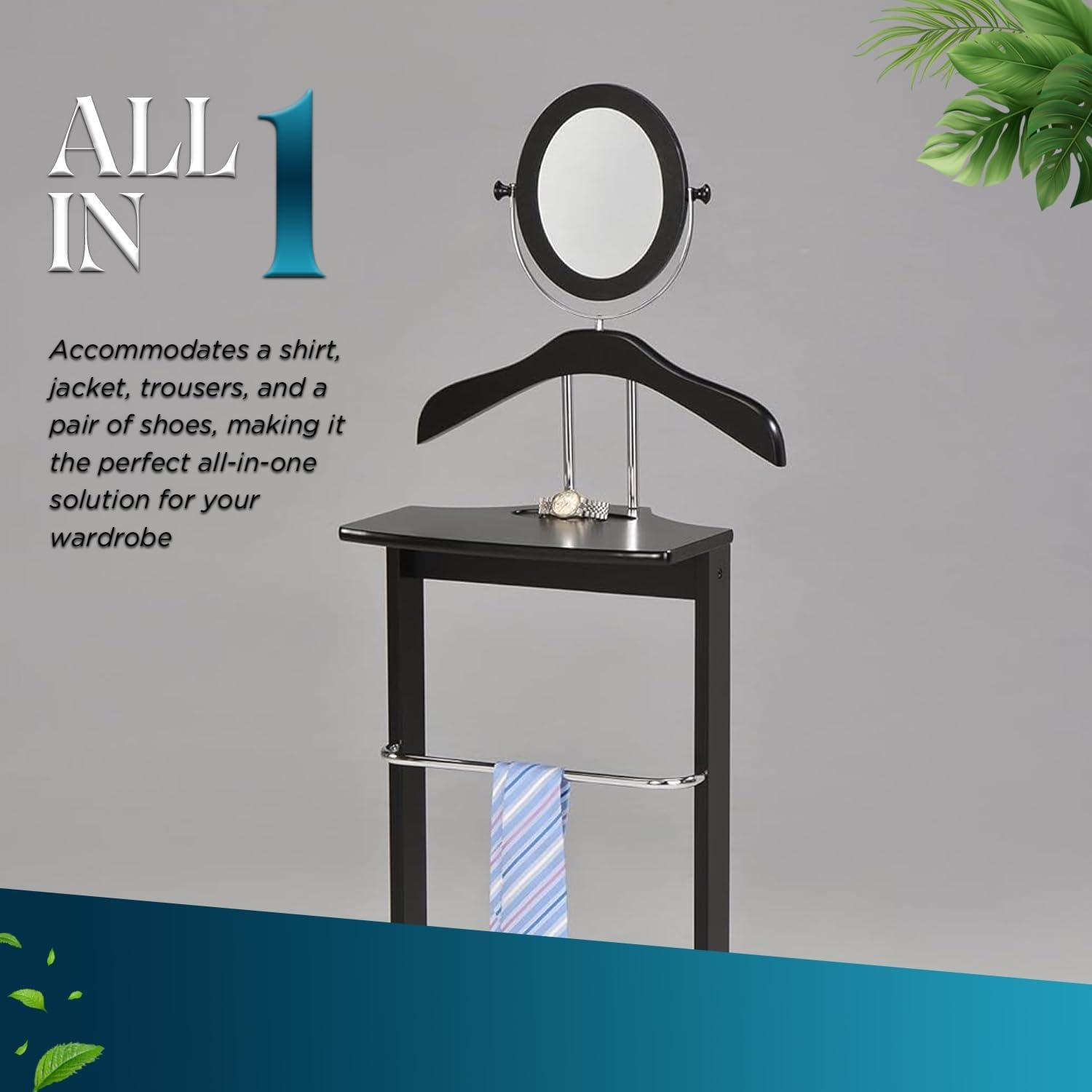 Kings Brand Furniture - Wardrobe Wood Suit Valet Stand, Clothes Trouser Bar Rack, Tie, Belt Hanger and Shoe Rack, Black/Chrome