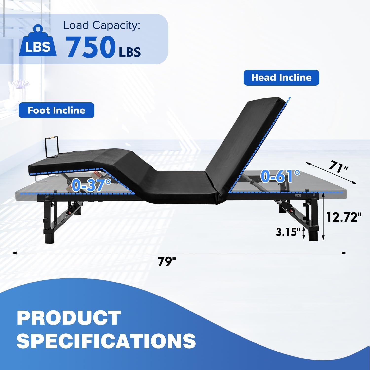 Donext Adjustable Bed Base, King Bed Frame, Independent Head and Foot Incline, Quiet Motor, Wireless Remote Control, Electric Bed Base, Black