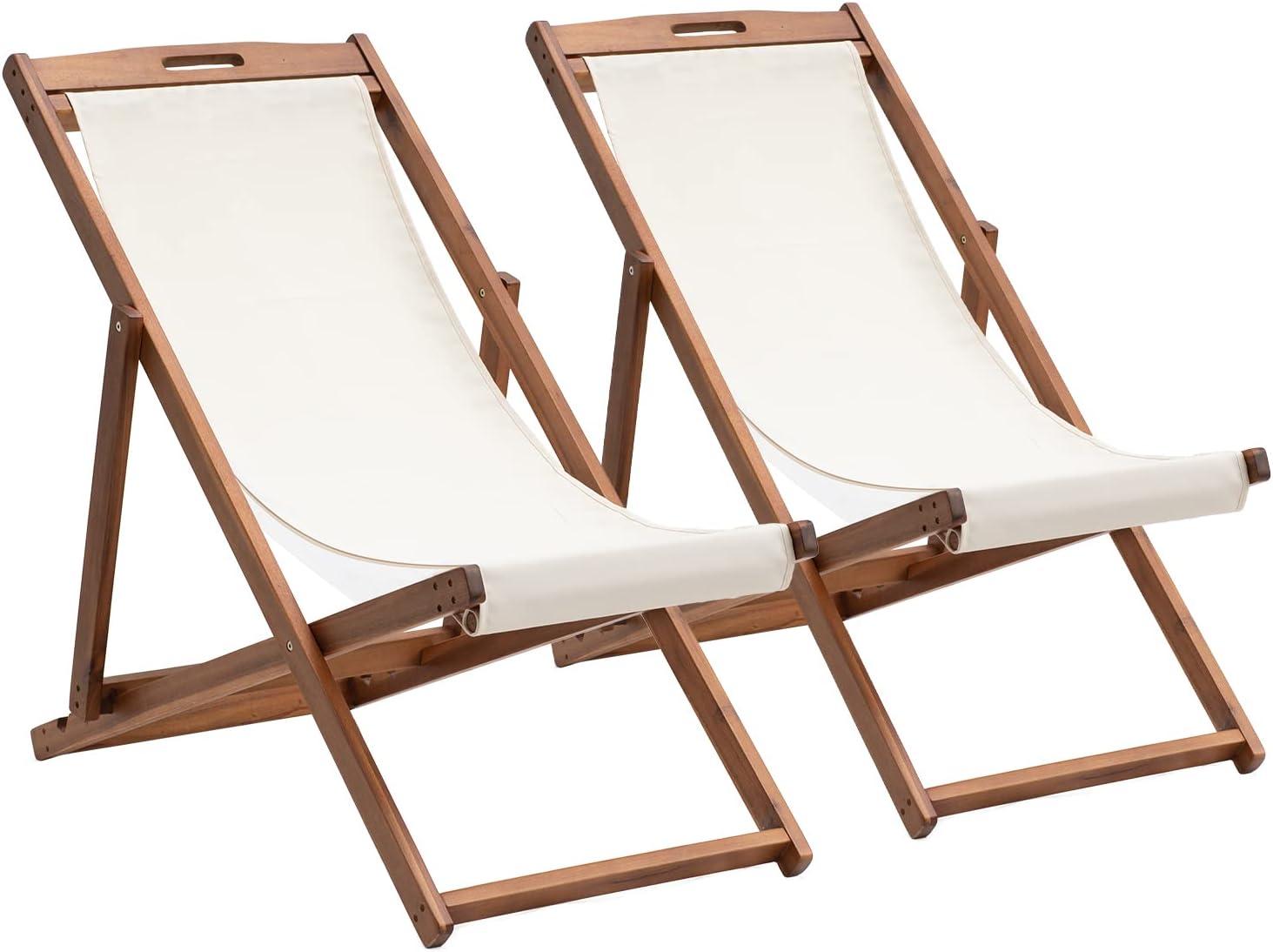 FDW Beach Sling Patio Chair for Relaxing, Foldable with Adjustable Height Made from Eucalyptus Wood with White Polyester