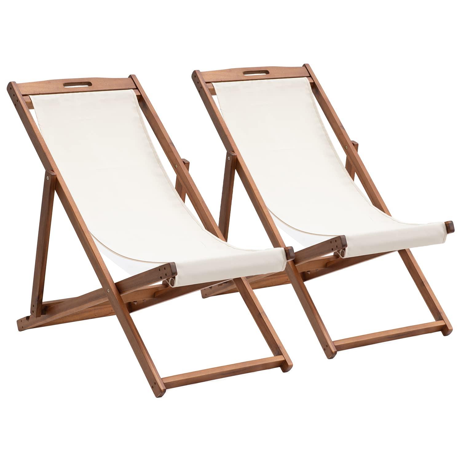 FDW Beach Sling Patio Chair for Relaxing, Foldable with Adjustable Height Made from Eucalyptus Wood with White Polyester,Khaki