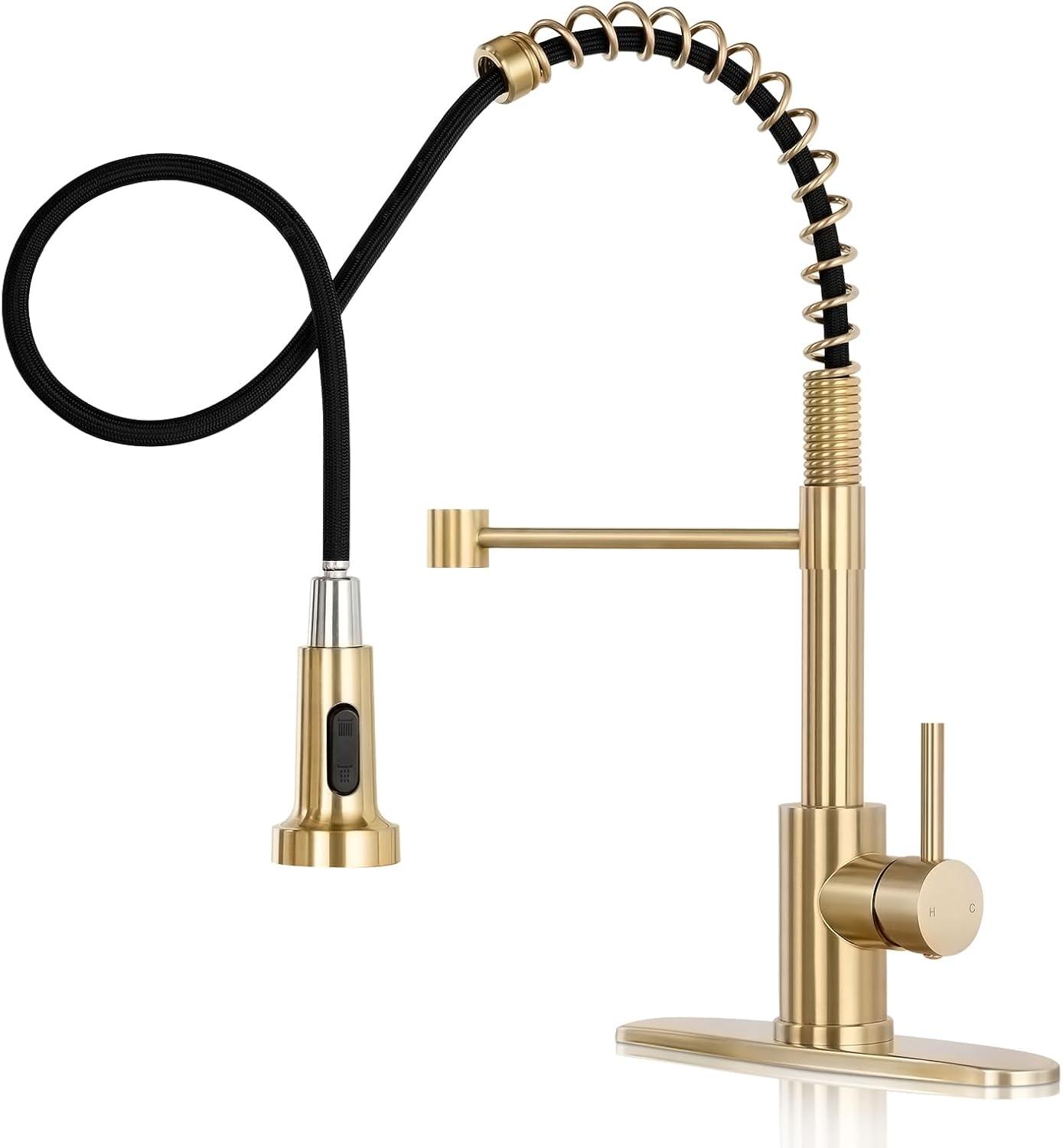 Brushed Gold Stainless Steel Pull Down Kitchen Faucet with Deck Plate