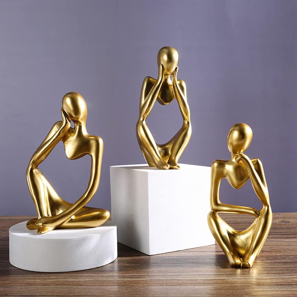 3pcs Modern Abstract Statues Sculpture,Resin Artistic Thinker Figure Thinking Man Figurines Desktop Decorations Artist Crafts for Home Office Shelf Bookshelf Decor,Gold