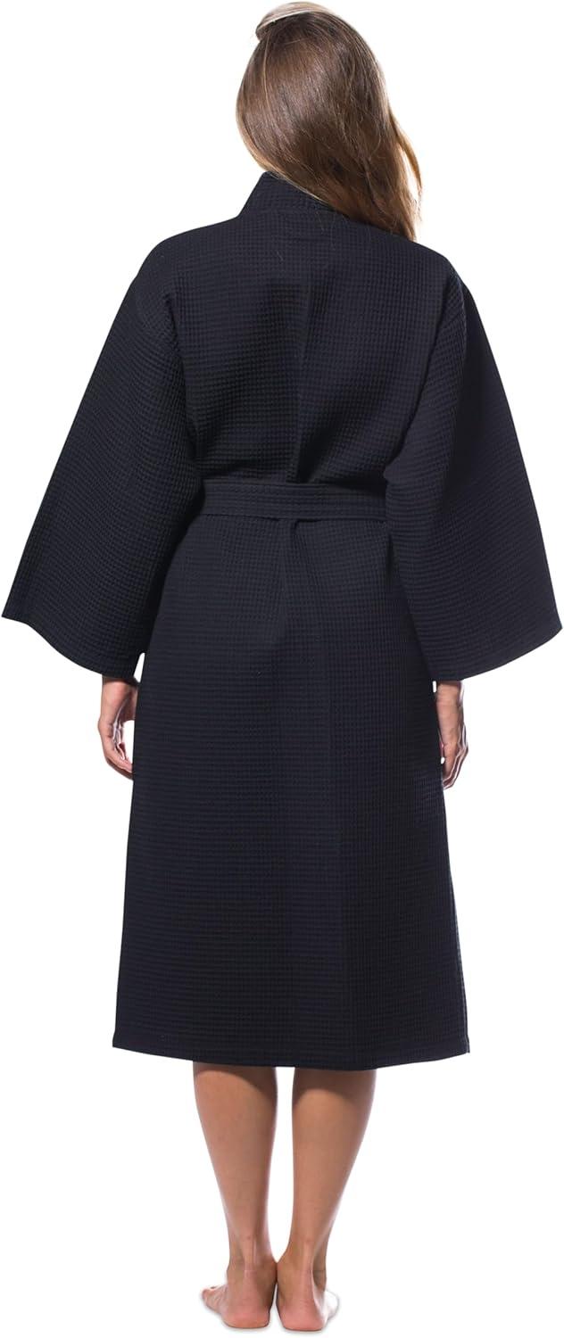 Turquaz Linen Lightweight Long Waffle Kimono Unisex Spa Robe (One Size, Black)