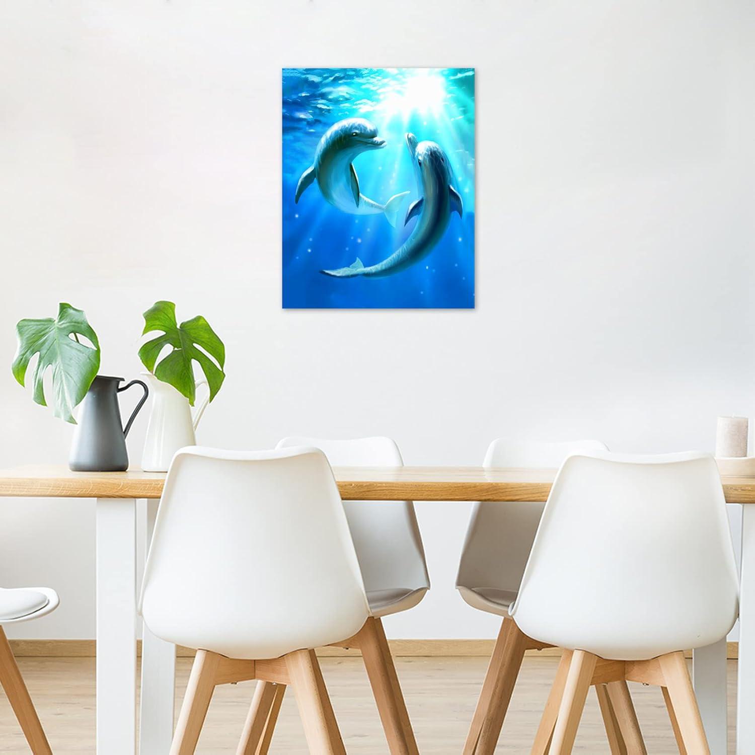 HVEST Dolphin Canvas Wall Art Cute Dolphins Playing Under Sea with Sunshine Picture Printing Artwork for Living Room Bedroom Bathroom Wall Decor,Stretched and Framed Ready to Hang,12x16 Inches