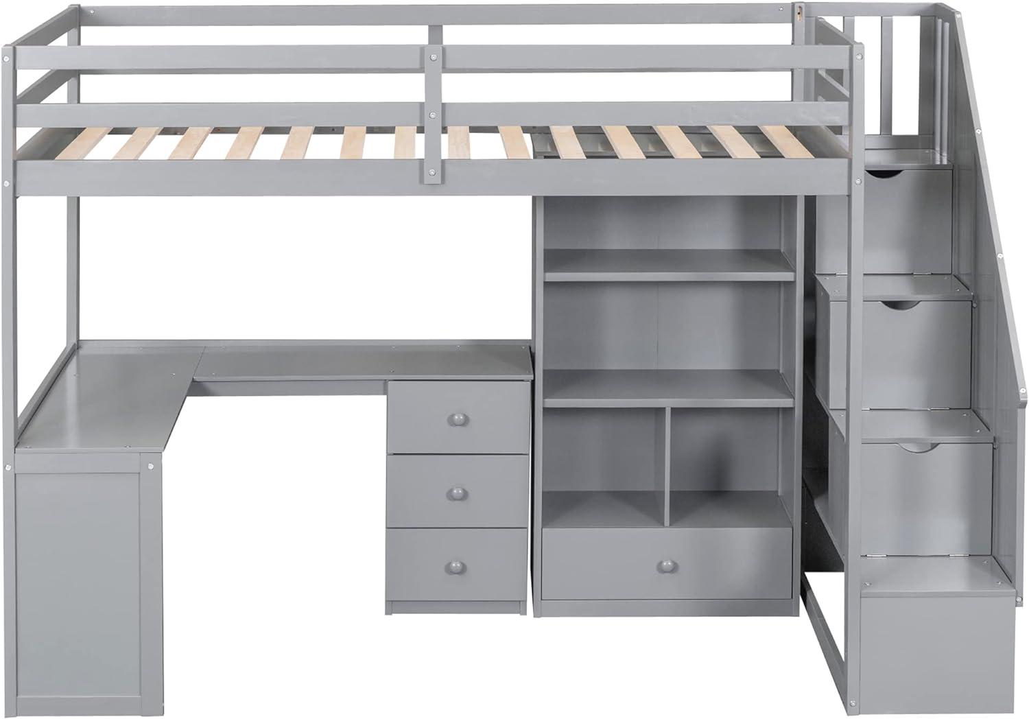 Twin Size Loft Bed with Staircase and L-Shaped Desk, Wooden Loft Bed with Storage Shelves and Drawers, Twin Loft Bunk Bed Frame for Kids Boys Girls Teens, No Box Spring Needed (Gray)