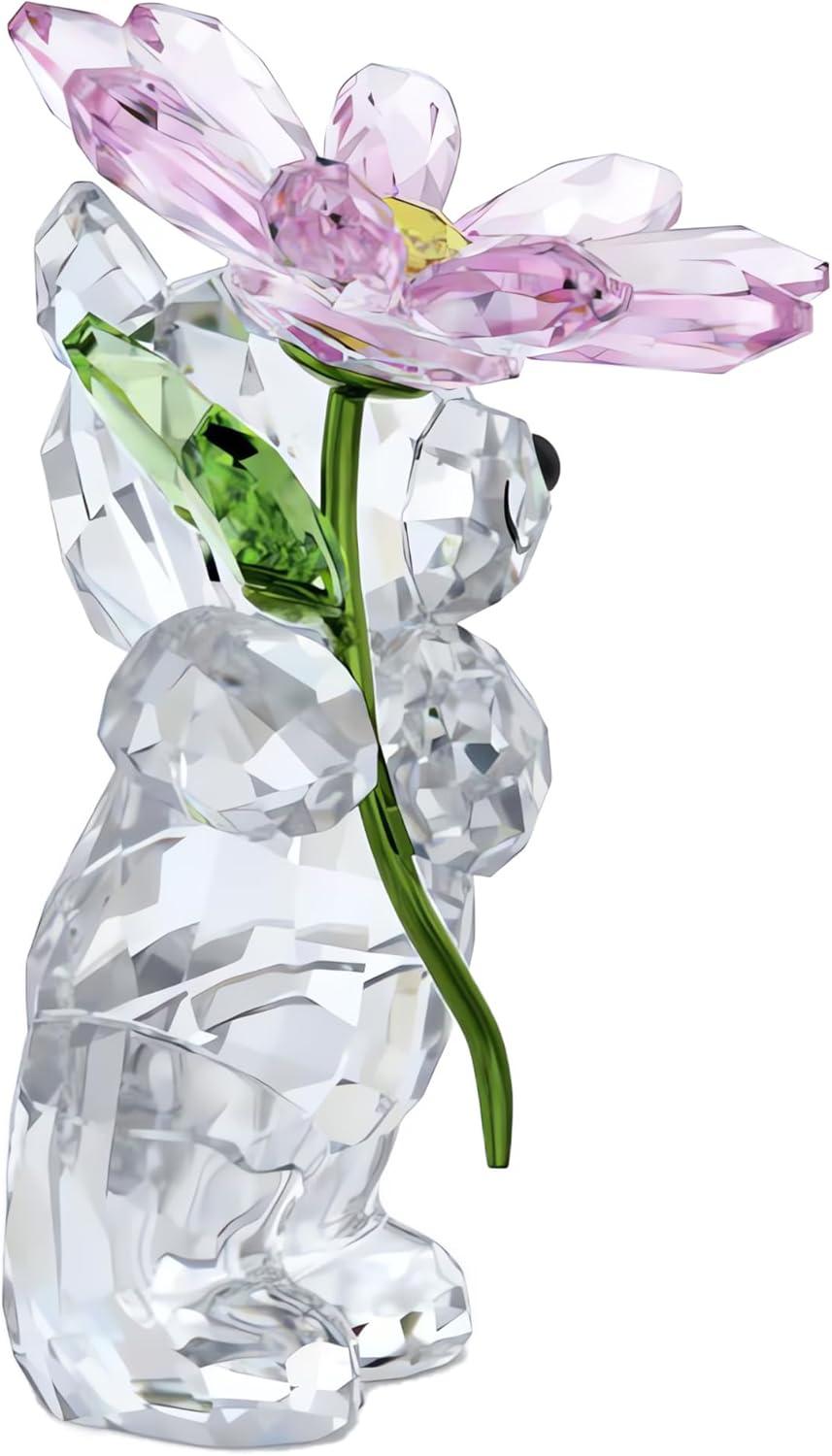 Crystal Bear Figurine with Pink Daisy Flower