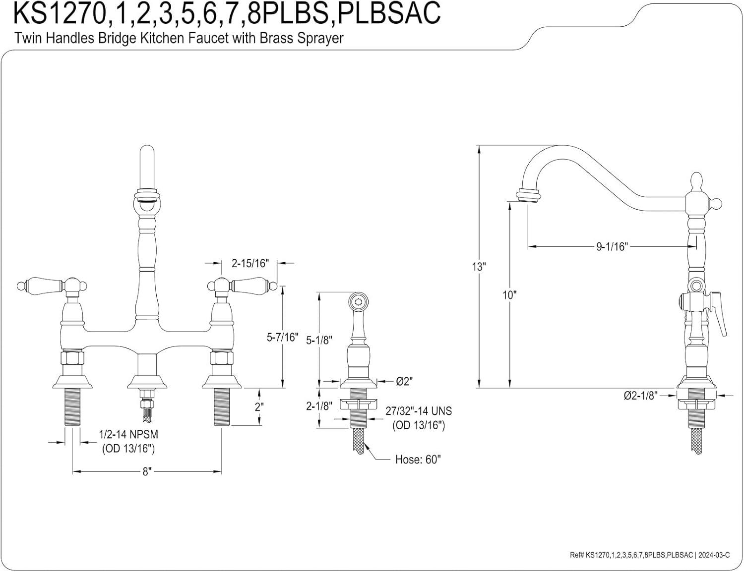 Kingston Brass Heritage Two-Handle 4-Hole Deck Mount Bridge Kitchen Faucet with Brass Side Sprayer