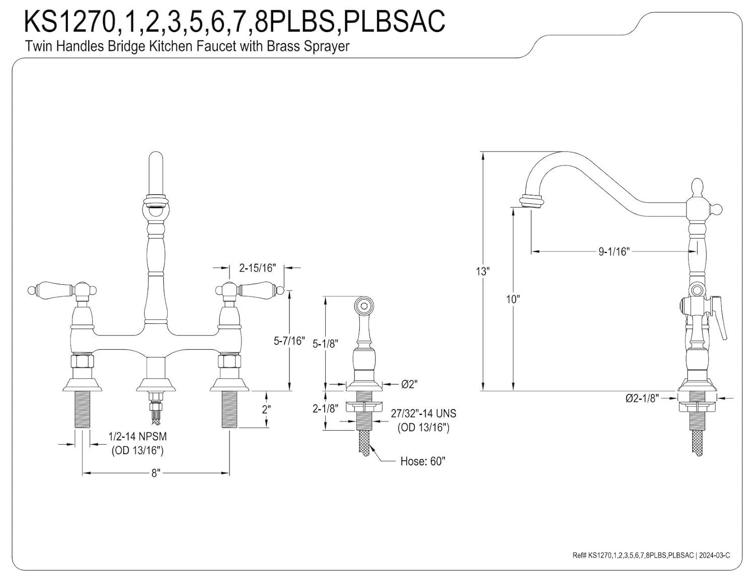 Kingston Brass Heritage Two-Handle 4-Hole Deck Mount Bridge Kitchen Faucet with Brass Side Sprayer