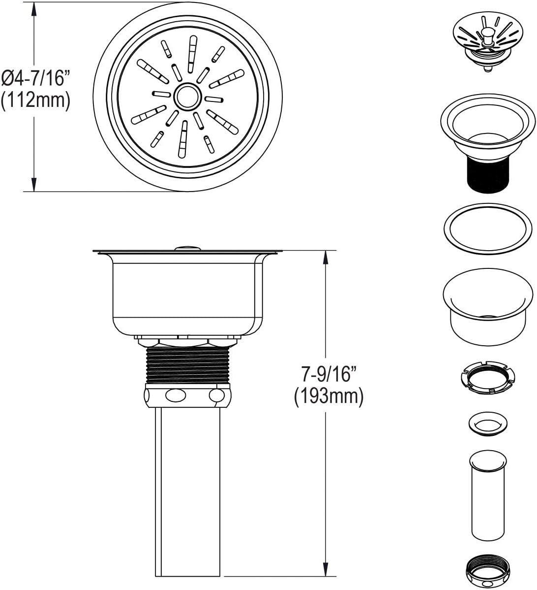 Elkay LK99S Deluxe 3-1/2" Drain with Satin Finish Type 304, Stainless Steel Body Strainer Basket Rubber Seal and Tailpiece
