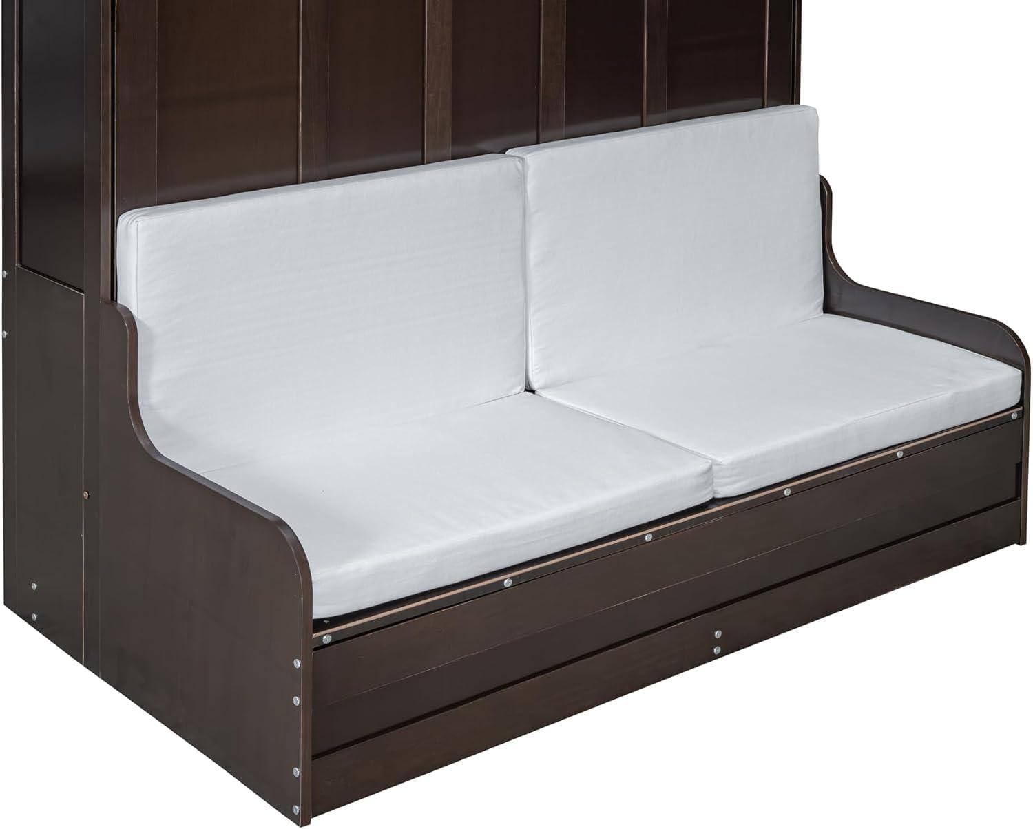 MERITLINE Queen Murphy Bed with Sofa,Wood Folding Murphy Wall Bed Cabinet with Couch (Espresso)