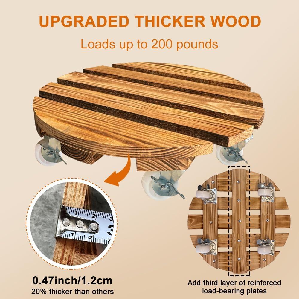 BUSATIA 2pack 12" Plant Caddy Plant Stand with Wheels,Rolling Plant Stand Heavy Duty Wooden Round Plant Dolly Rollers with 360°Metal Lockable Casters Indoor Outdoor Pot Plant Roller Base Caddies