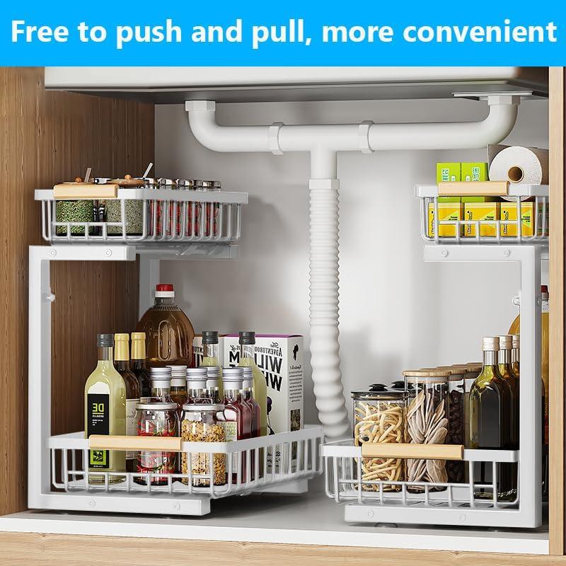 Under Sink Organizers, 2 Pack Metal Pull Out Under Sink Organizers and Storage Shelves with Sliding Drawer, Under Sink Storage for Kitchen, Bathroom, White, 2 Pack…