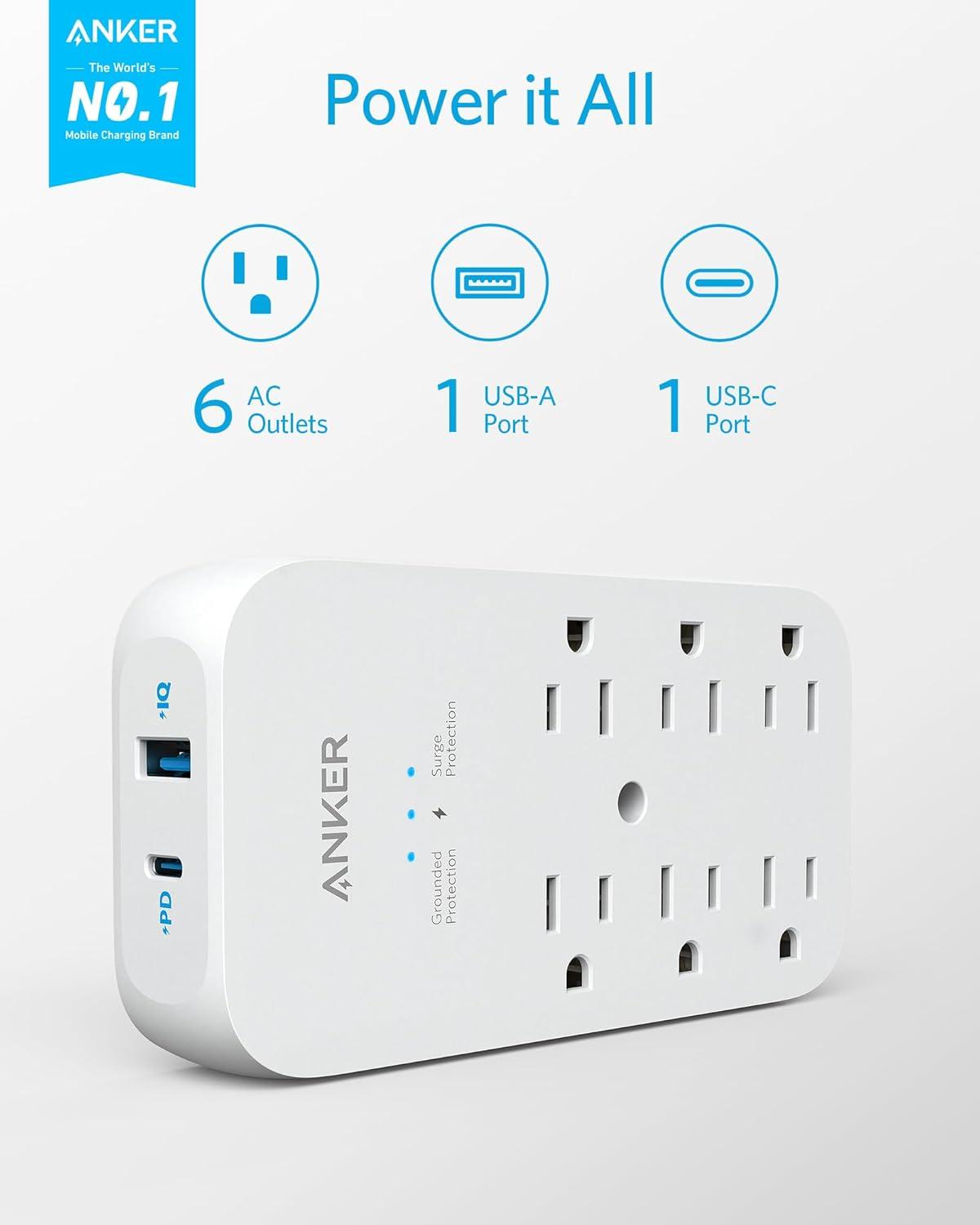 Anker Outlet Extender and USB Wall Charger, 6 Outlets and 2 USB Ports, 20W USB C Power Delivery High-Speed Charging iPhone 15/15 Plus/15 Pro/15 Pro Max, Multi-Plug for Dorm, Home, and Office, White