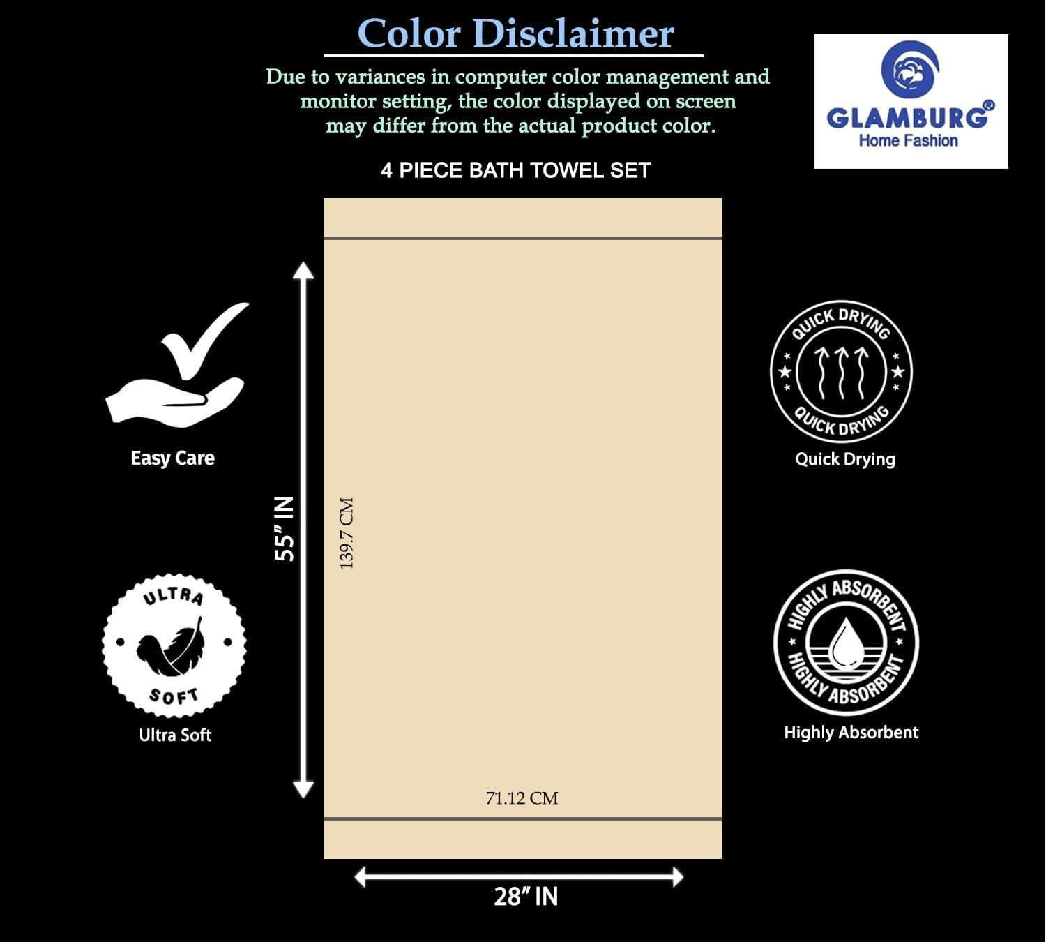 GLAMBURG Premium Cotton 4 Pack Bath Towel Set - 100% Pure Cotton - 4 Bath Towels 27x54 - Ideal for Everyday use - Ultra Soft & Highly Absorbent - Black