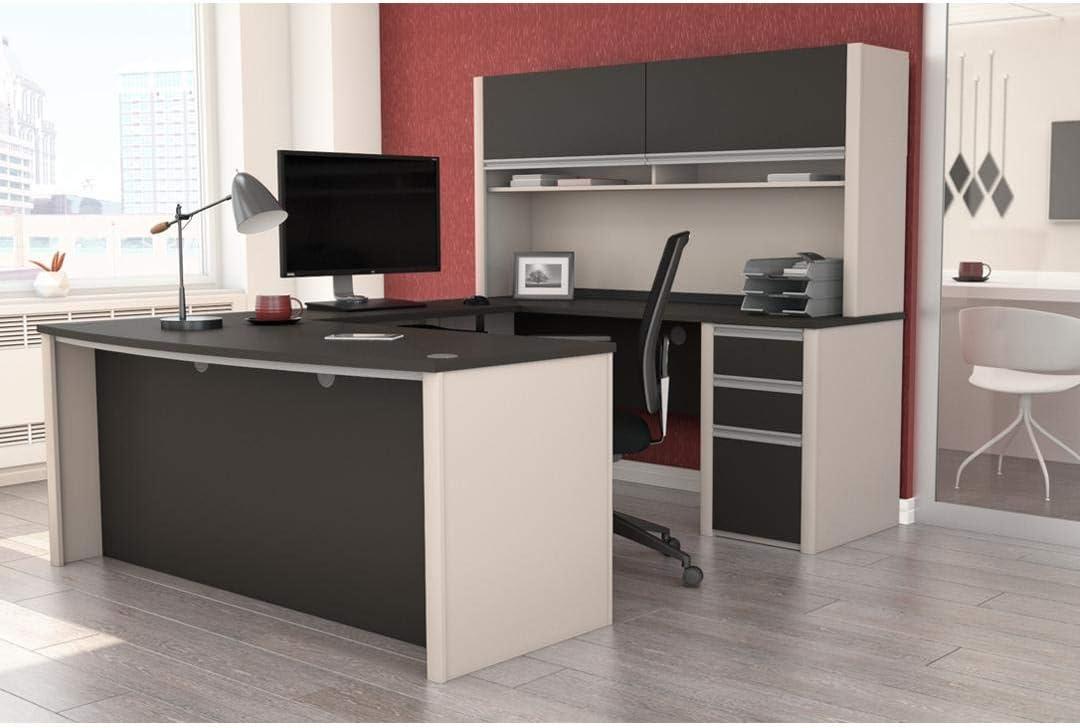 Gray U-Shaped Workstation with Hutch and Drawers